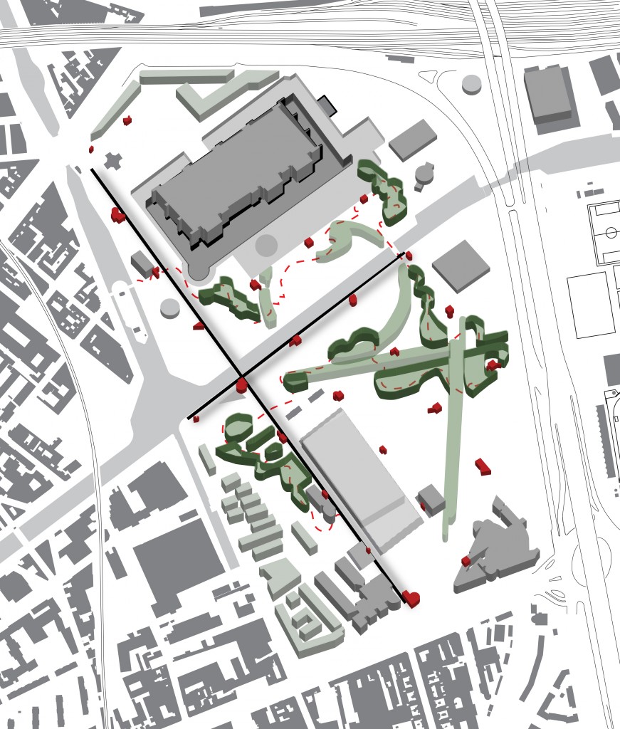 Axonometric gardens, garden walk, avenues, folies and galleries, Parc de la Villette Design: 1982. Architect: Bernard Tschumi Drawing: Transformation Parks, PhD research René van der Velde, TU Delft (in progress) 